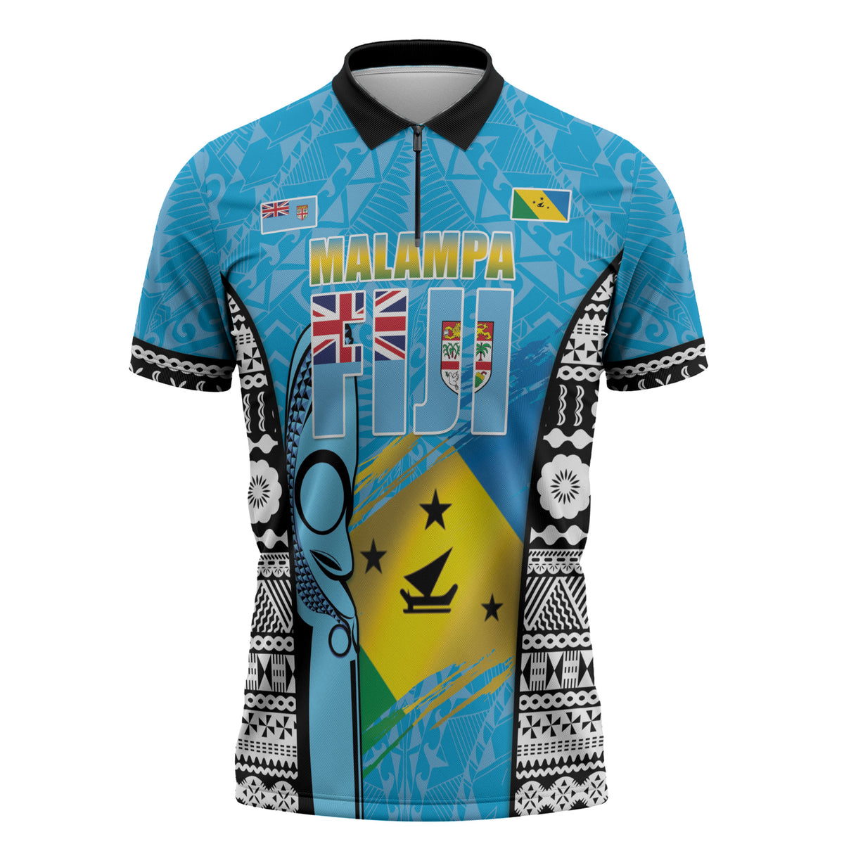 Personalised Malampa Fiji Day 2026 Zipper Polo Shirt Unique Style LT05 Blue - Polynesian Pride