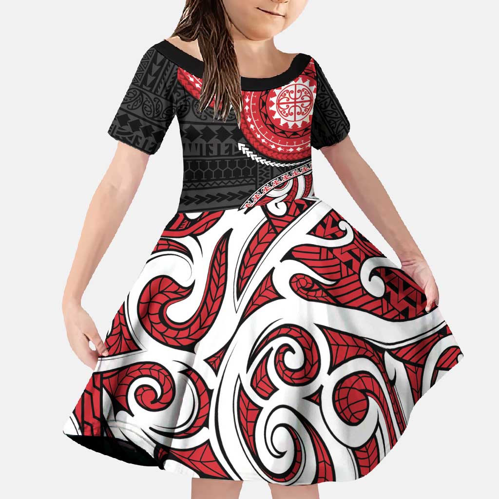 New Zealand Red Maori Koru Simple Style Family Matching Off Shoulder Maxi Dress and Hawaiian Shirt