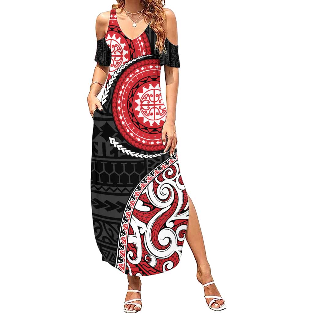 New Zealand Red Maori Koru Simple Style Family Matching Summer Maxi Dress and Hawaiian Shirt