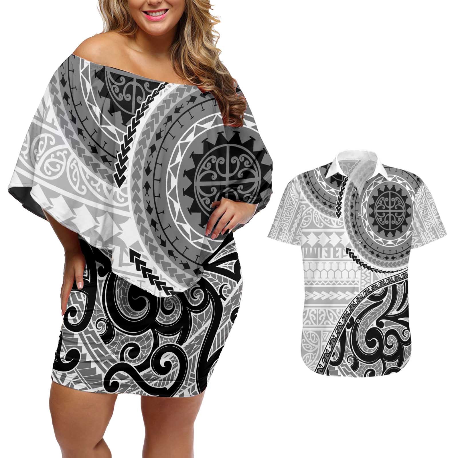 New Zealand White Maori Koru Simple Style Couples Matching Off Shoulder Short Dress and Hawaiian Shirt LT05 White - Polynesian Pride