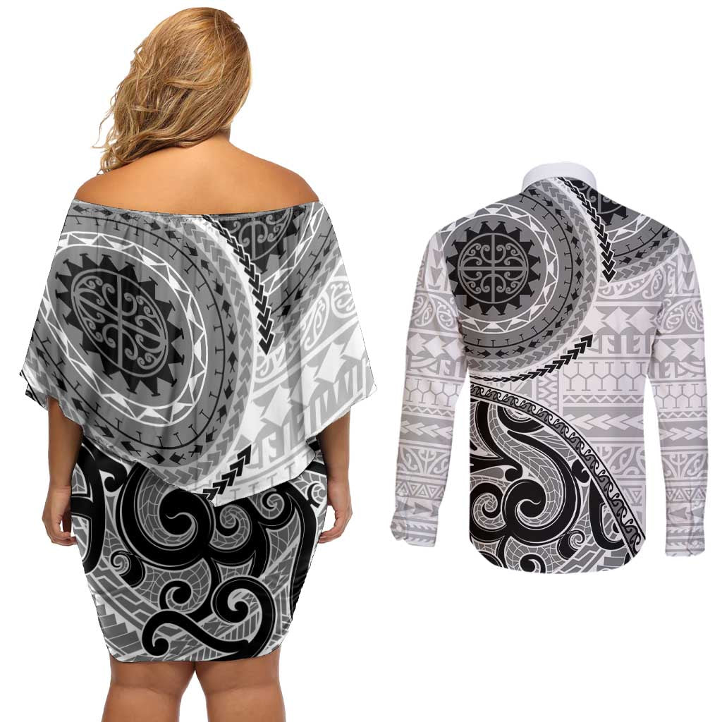 New Zealand White Maori Koru Simple Style Couples Matching Off Shoulder Short Dress and Long Sleeve Button Shirt