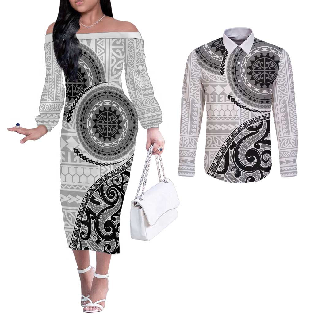 New Zealand White Maori Koru Simple Style Couples Matching Off The Shoulder Long Sleeve Dress and Long Sleeve Button Shirt LT05 White - Polynesian Pride