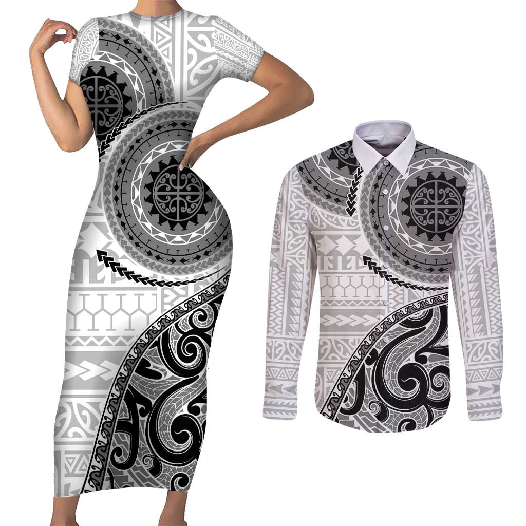 New Zealand White Maori Koru Simple Style Couples Matching Short Sleeve Bodycon Dress and Long Sleeve Button Shirt LT05 White - Polynesian Pride