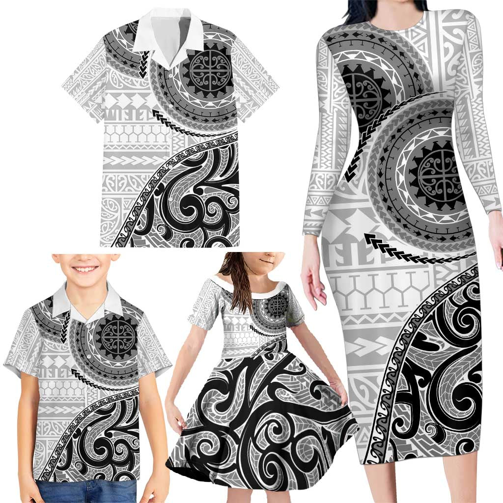 New Zealand White Maori Koru Simple Style Family Matching Long Sleeve Bodycon Dress and Hawaiian Shirt LT05 - Polynesian Pride