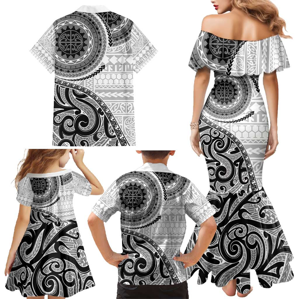 New Zealand White Maori Koru Simple Style Family Matching Mermaid Dress and Hawaiian Shirt