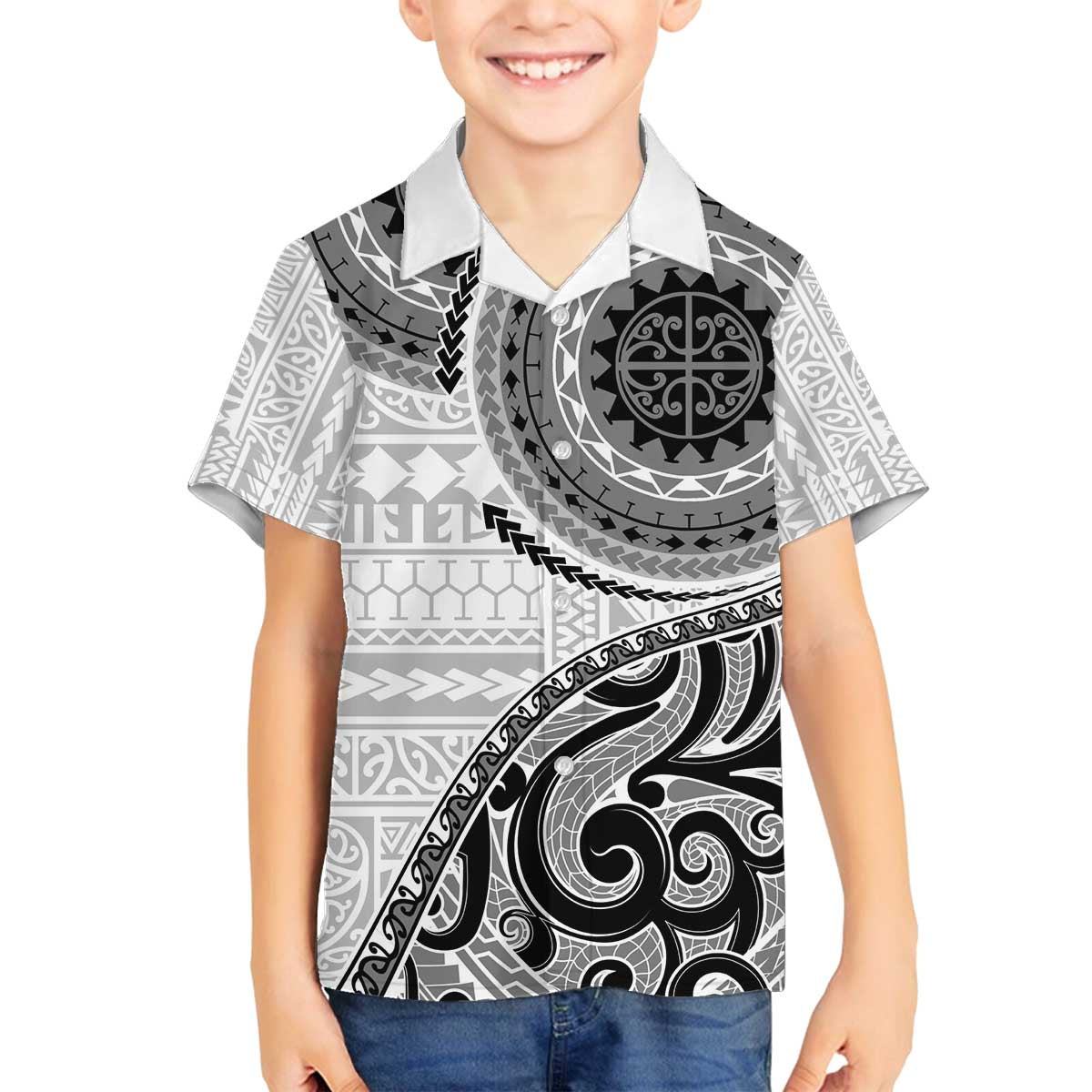 New Zealand White Maori Koru Simple Style Family Matching Off Shoulder Short Dress and Hawaiian Shirt