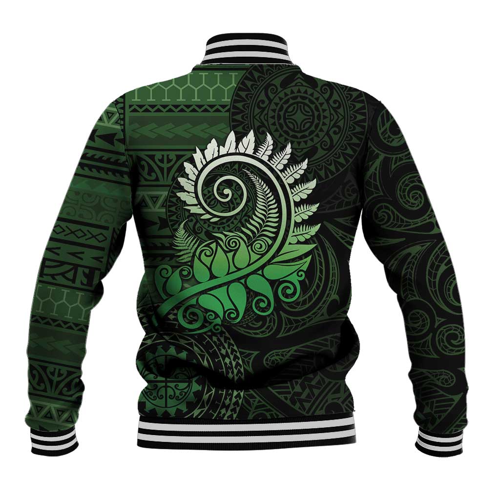 New Zealand Maori Koru Fern Baseball Jacket Spiral Polynesian Style Green