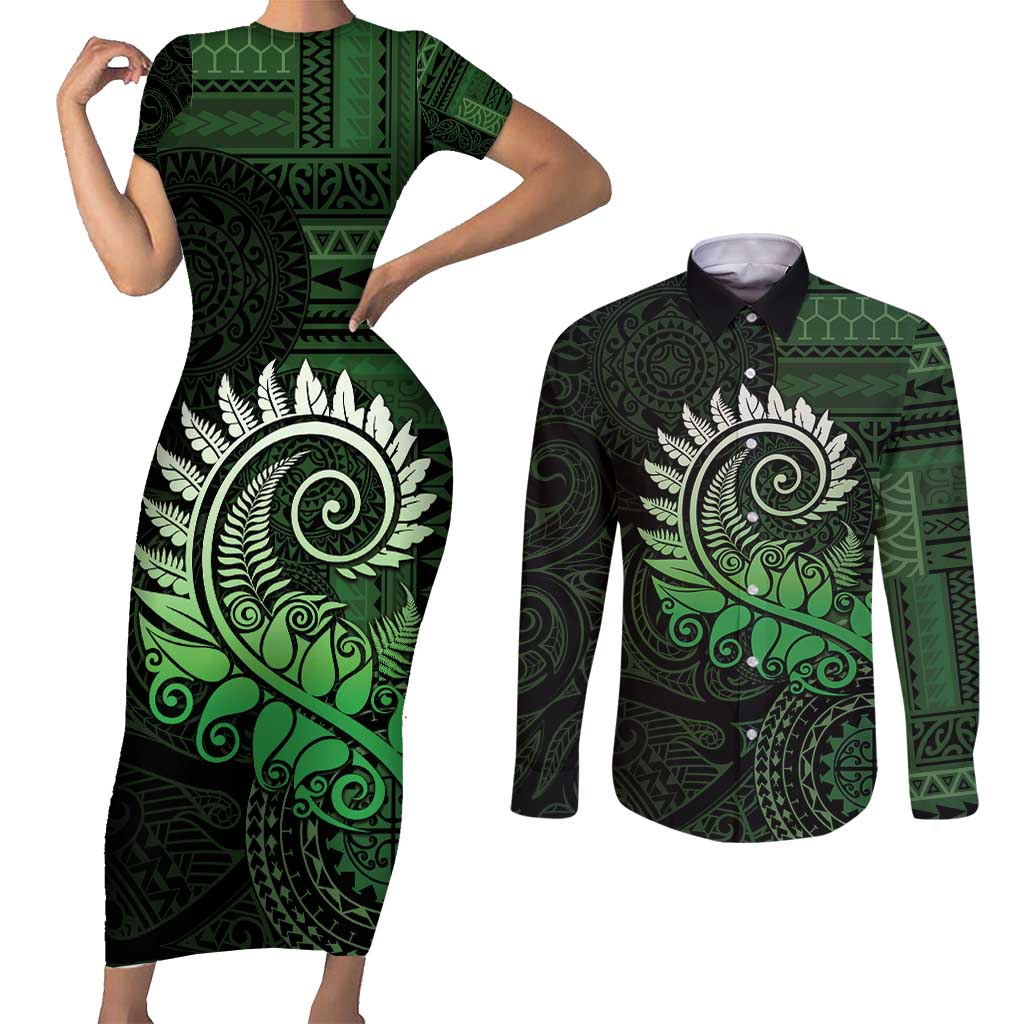 New Zealand Maori Koru Fern Couples Matching Short Sleeve Bodycon Dress and Long Sleeve Button Shirt Spiral Polynesian Style Green LT05 Green - Polynesian Pride