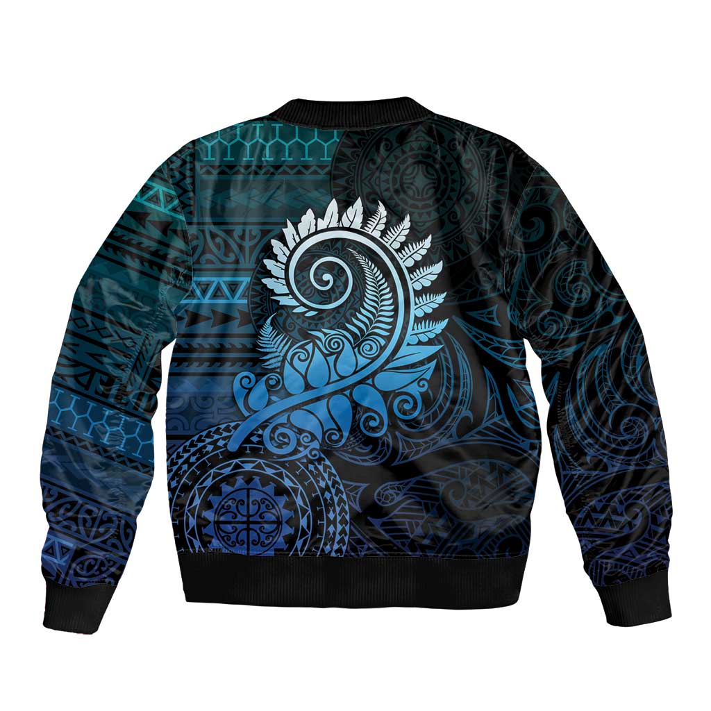 New Zealand Maori Koru Fern Bomber Jacket Spiral Polynesian Style Aqua Gradient
