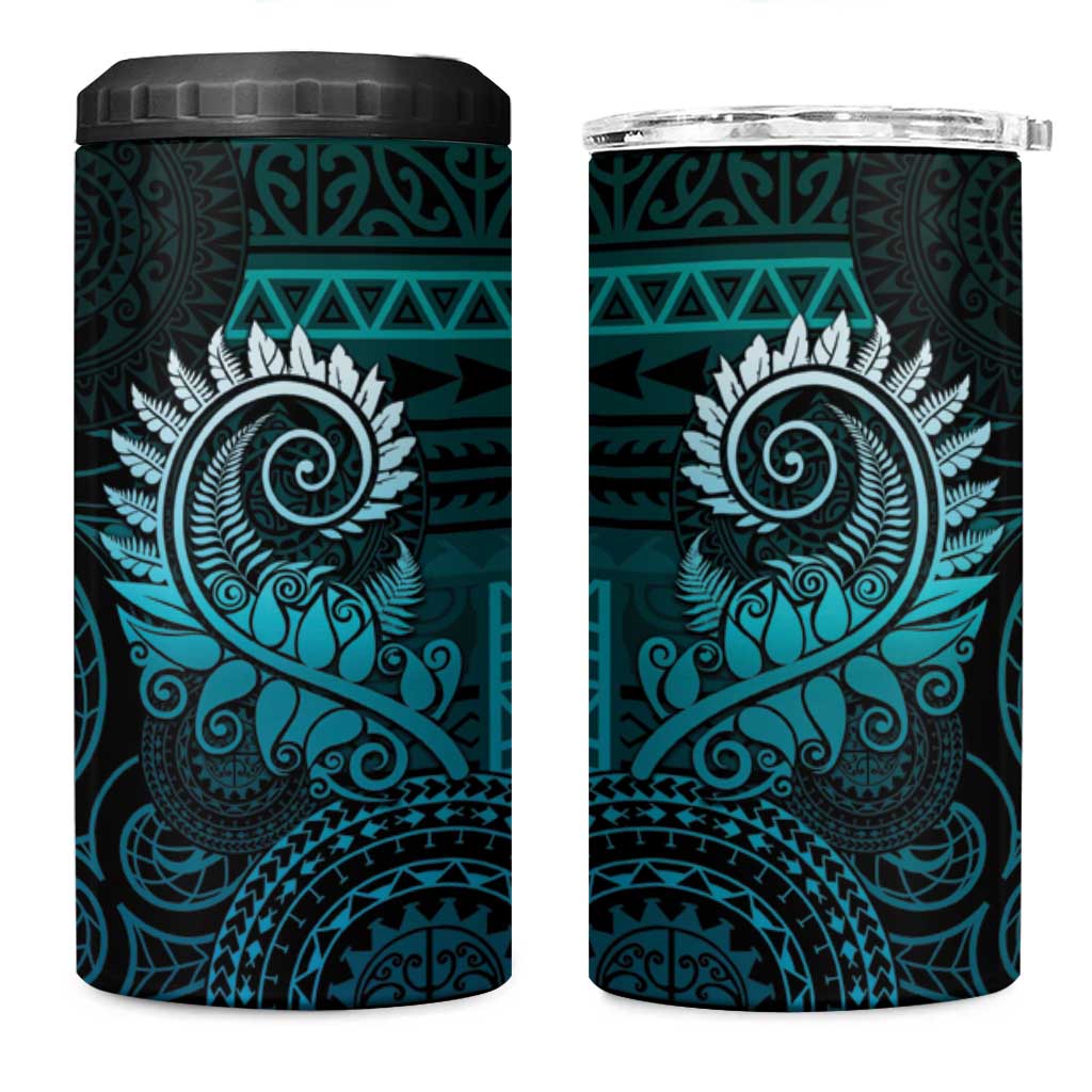 New Zealand Maori Koru Fern 4 in 1 Can Cooler Tumbler Spiral Polynesian Style Aqua Gradient