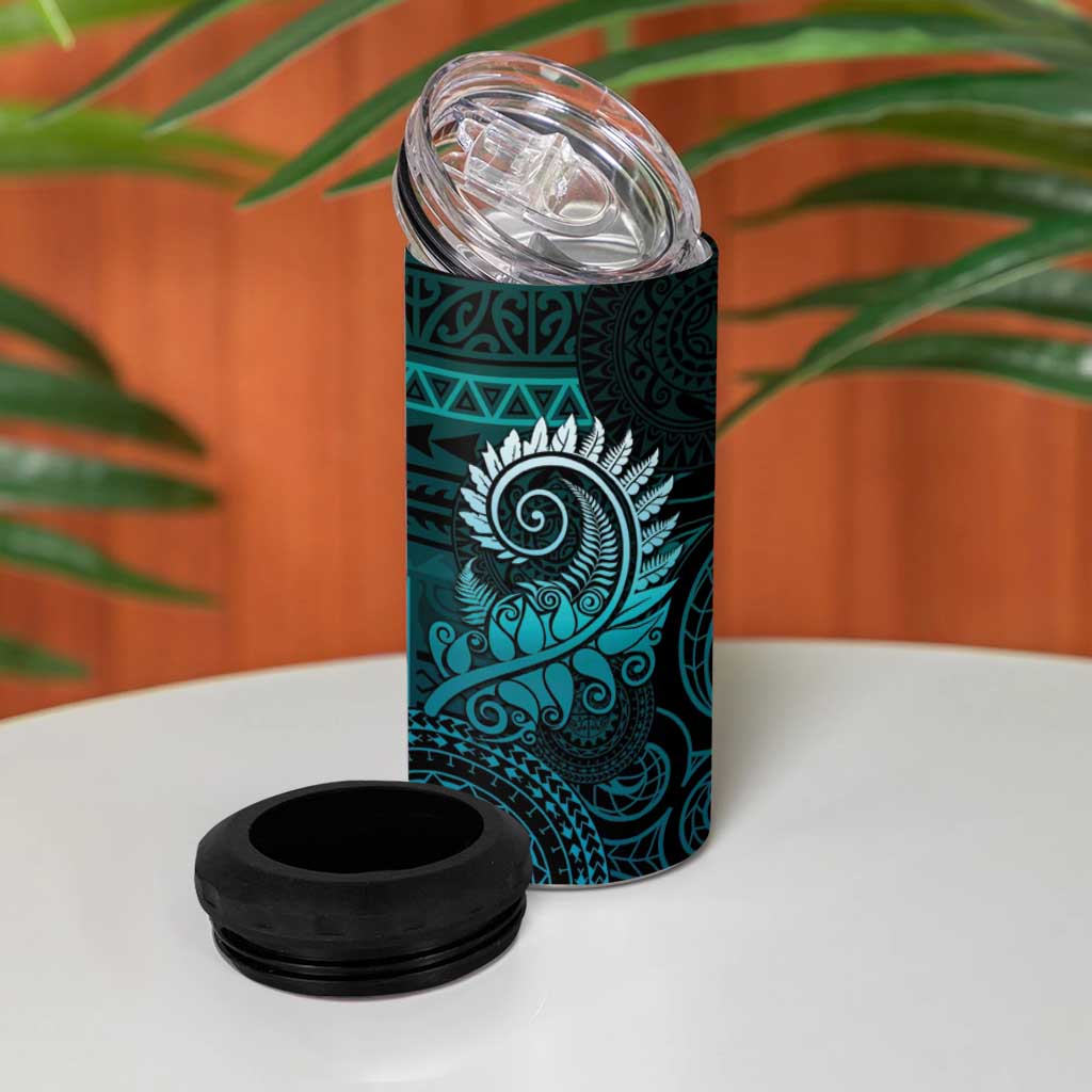 New Zealand Maori Koru Fern 4 in 1 Can Cooler Tumbler Spiral Polynesian Style Aqua Gradient
