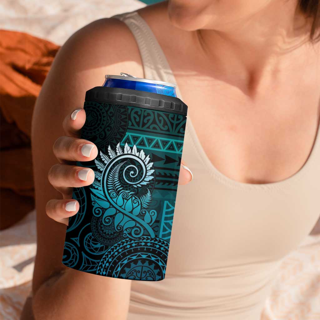 New Zealand Maori Koru Fern 4 in 1 Can Cooler Tumbler Spiral Polynesian Style Aqua Gradient