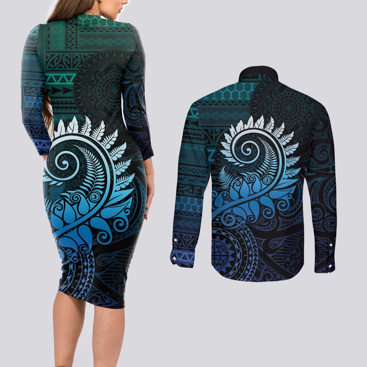New Zealand Maori Koru Fern Couples Matching Long Sleeve Bodycon Dress and Long Sleeve Button Shirt Spiral Polynesian Style Aqua Gradient