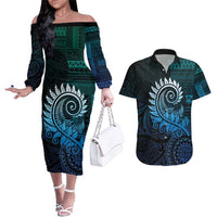 New Zealand Maori Koru Fern Couples Matching Off The Shoulder Long Sleeve Dress and Hawaiian Shirt Spiral Polynesian Style Aqua Gradient