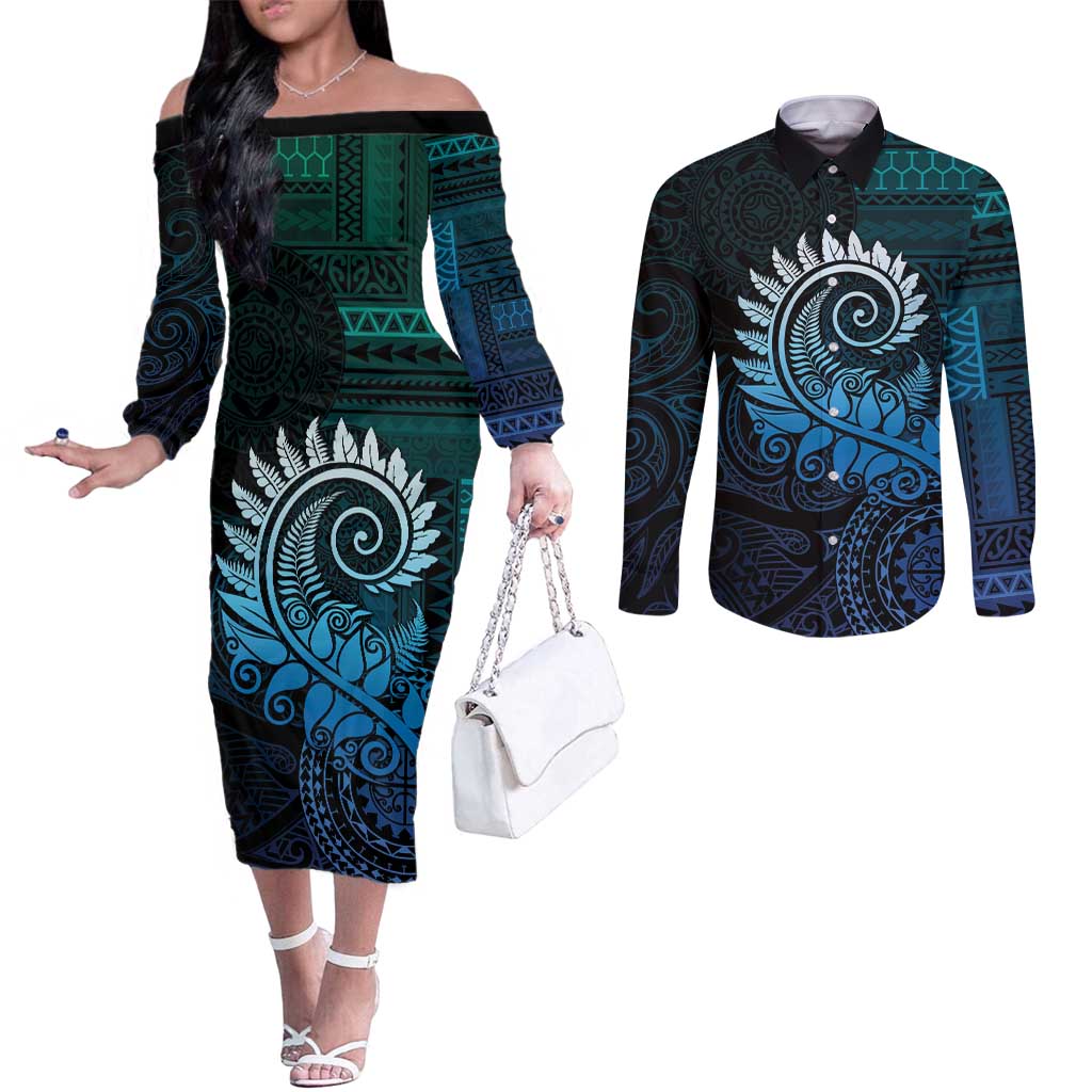New Zealand Maori Koru Fern Couples Matching Off The Shoulder Long Sleeve Dress and Long Sleeve Button Shirt Spiral Polynesian Style Aqua Gradient LT05 Aqua - Polynesian Pride