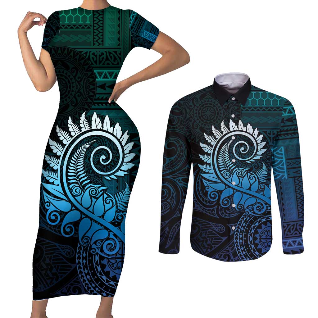 New Zealand Maori Koru Fern Couples Matching Short Sleeve Bodycon Dress and Long Sleeve Button Shirt Spiral Polynesian Style Aqua Gradient LT05 Aqua - Polynesian Pride