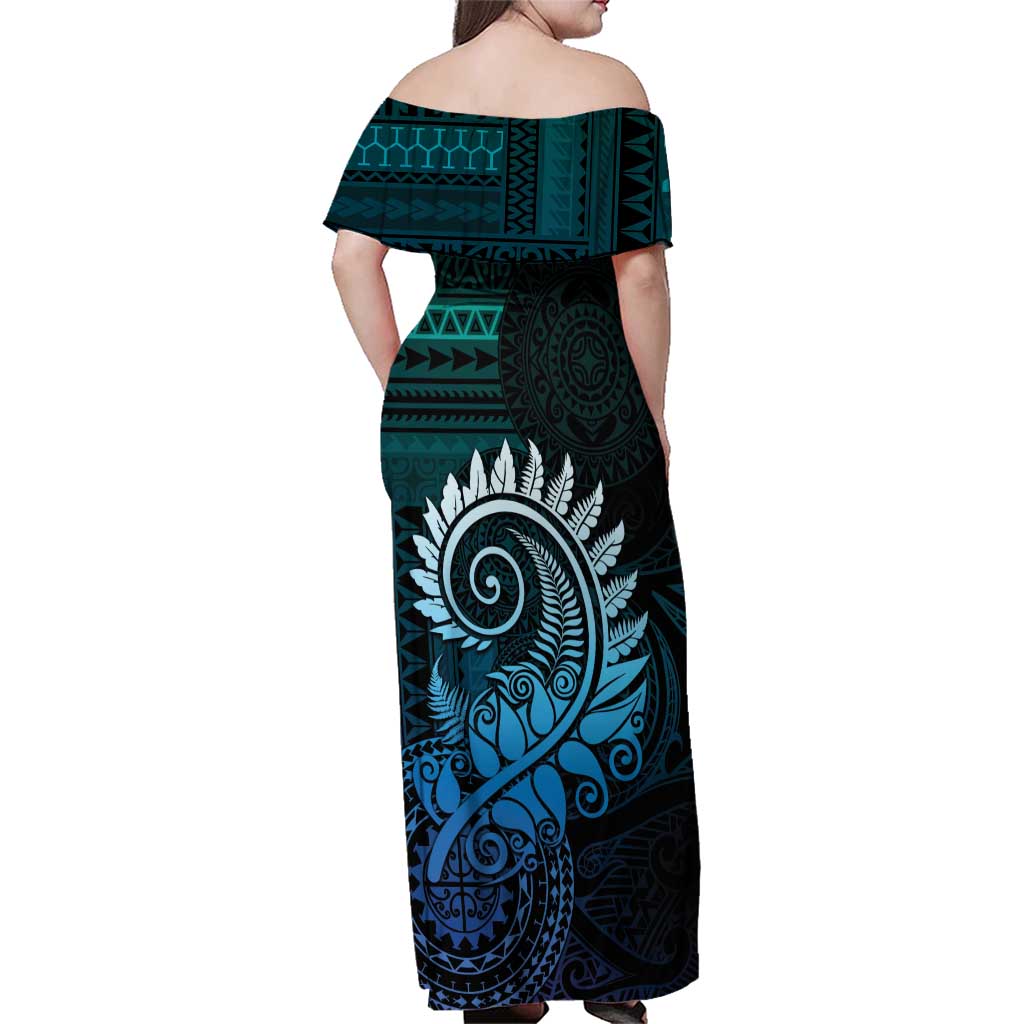 New Zealand Maori Koru Fern Family Matching Off Shoulder Maxi Dress and Hawaiian Shirt Spiral Polynesian Style Aqua Gradient