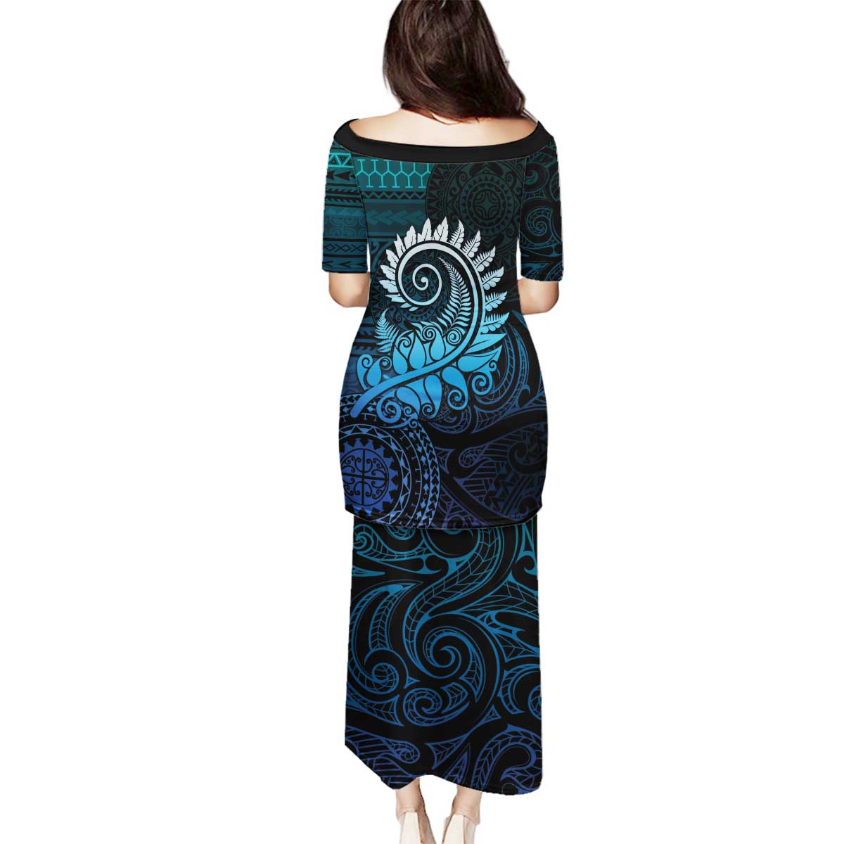 New Zealand Maori Koru Fern Family Matching Puletasi and Hawaiian Shirt Spiral Polynesian Style Aqua Gradient