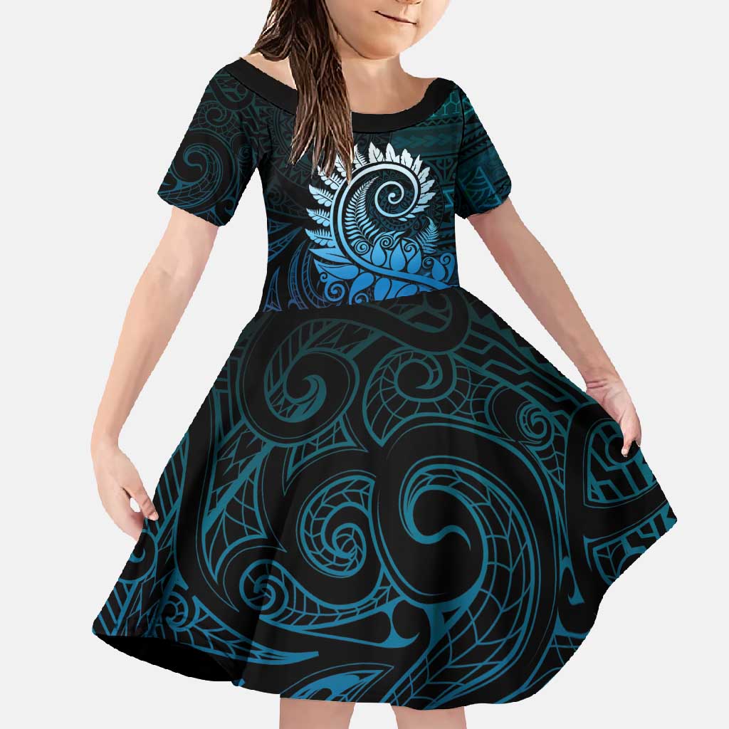 New Zealand Maori Koru Fern Family Matching Short Sleeve Bodycon Dress and Hawaiian Shirt Spiral Polynesian Style Aqua Gradient