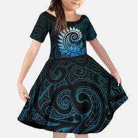New Zealand Maori Koru Fern Family Matching Short Sleeve Bodycon Dress and Hawaiian Shirt Spiral Polynesian Style Aqua Gradient