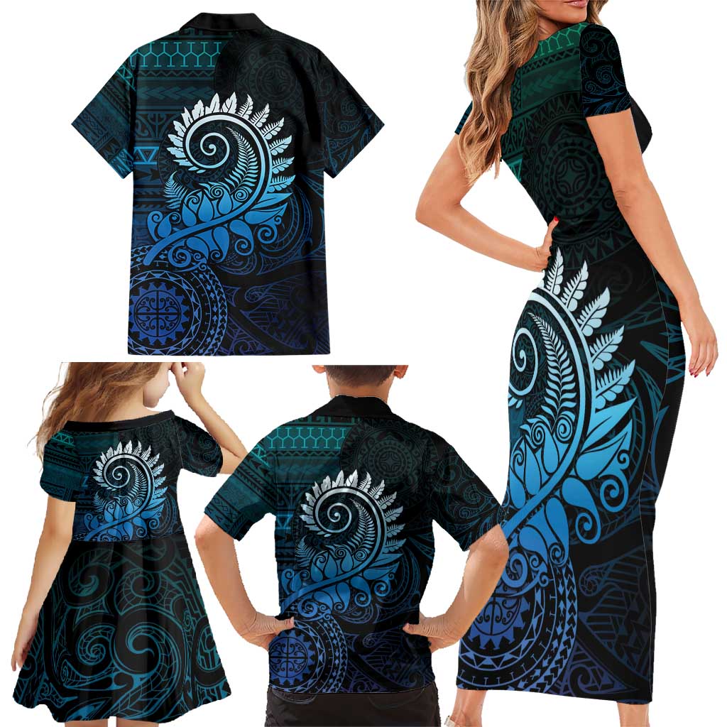 New Zealand Maori Koru Fern Family Matching Short Sleeve Bodycon Dress and Hawaiian Shirt Spiral Polynesian Style Aqua Gradient