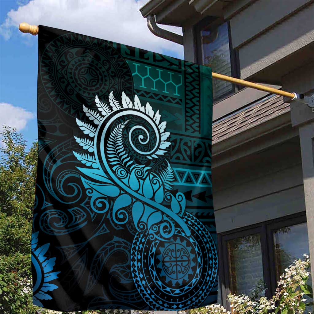 New Zealand Maori Koru Fern Garden Flag Spiral Polynesian Style Aqua Gradient LT05 - Polynesian Pride