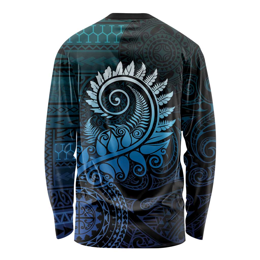 New Zealand Maori Koru Fern Long Sleeve Shirt Spiral Polynesian Style Aqua Gradient