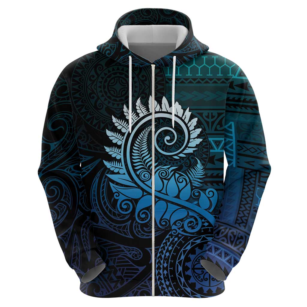 New Zealand Maori Koru Fern Zip Hoodie Spiral Polynesian Style Aqua Gradient