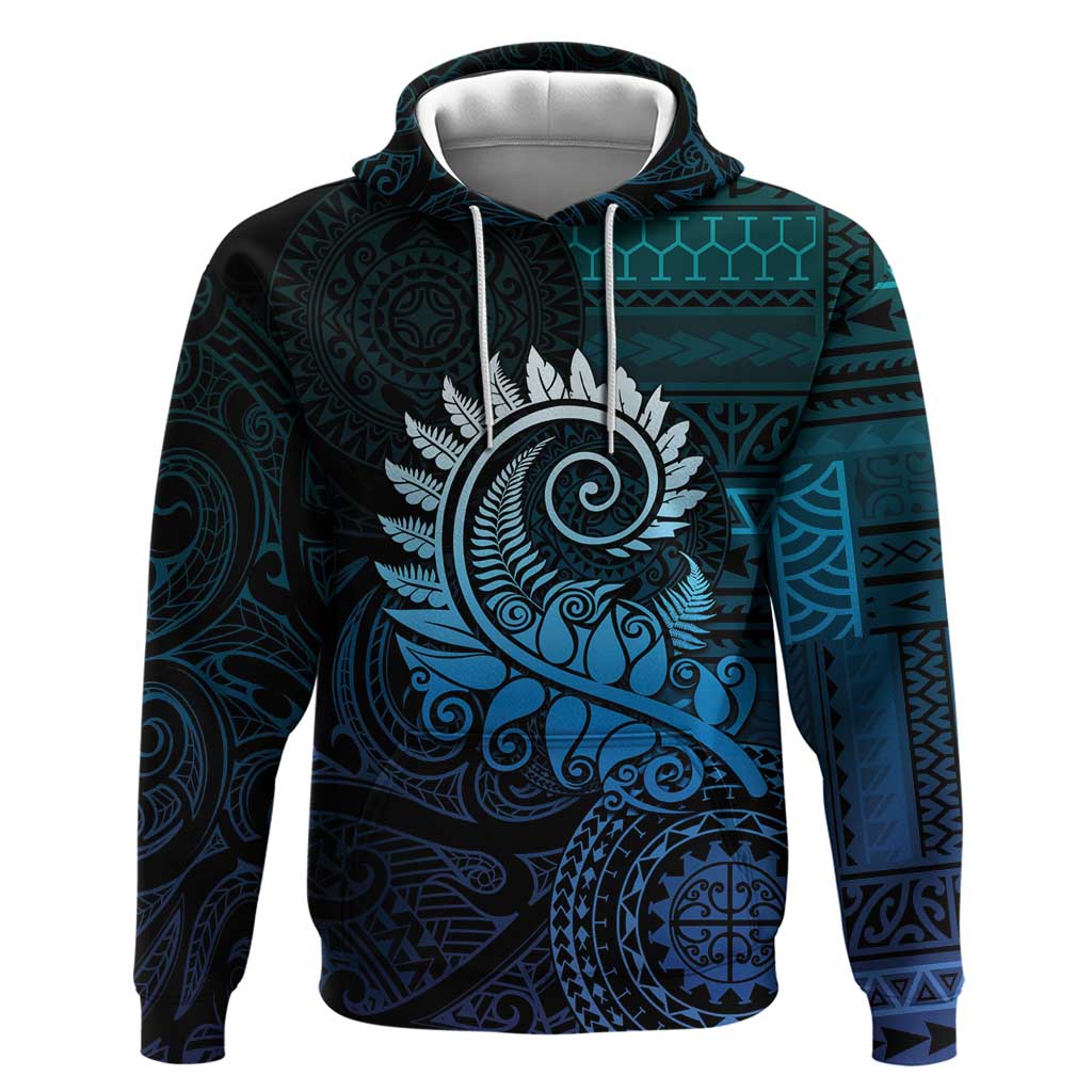 New Zealand Maori Koru Fern Zip Hoodie Spiral Polynesian Style Aqua Gradient