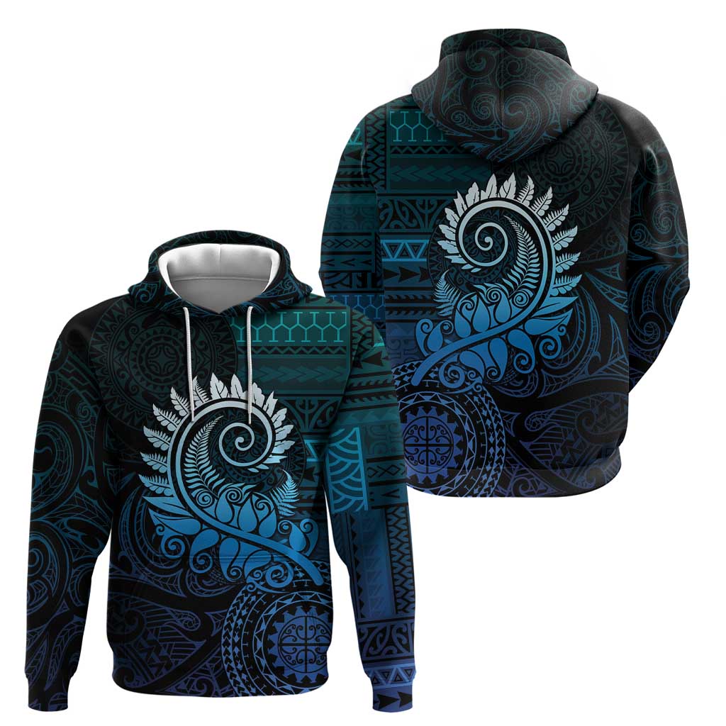 New Zealand Maori Koru Fern Zip Hoodie Spiral Polynesian Style Aqua Gradient