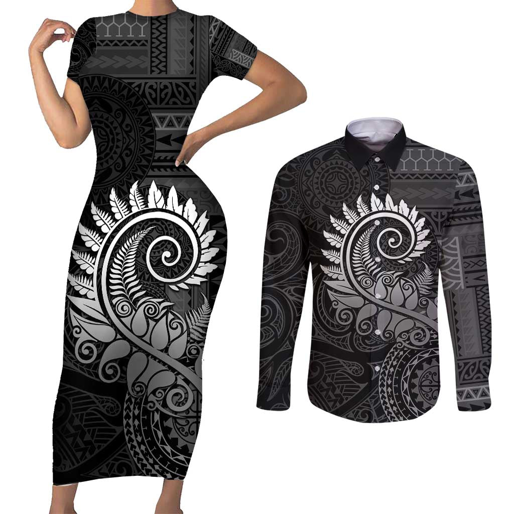 New Zealand Maori Koru Fern Couples Matching Short Sleeve Bodycon Dress and Long Sleeve Button Shirt Spiral Polynesian Style Gray LT05 Gray - Polynesian Pride