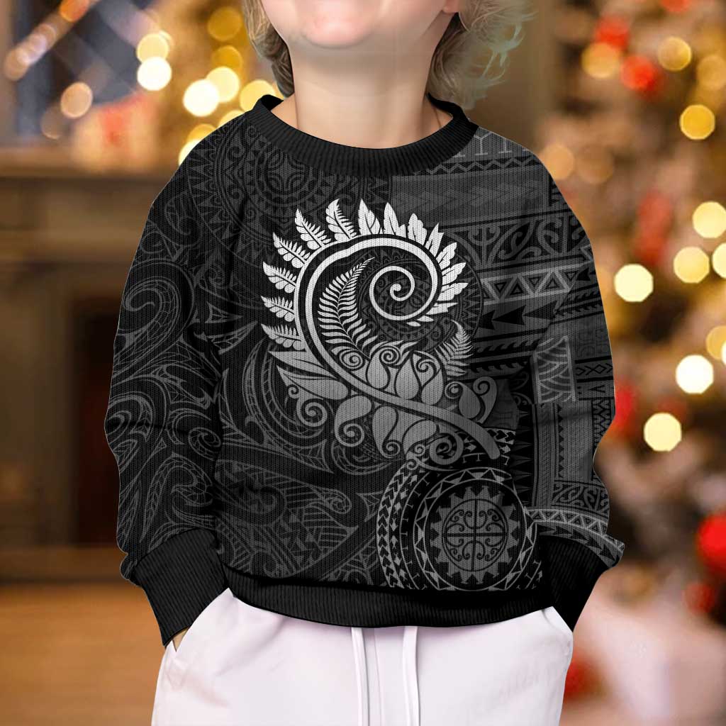 New Zealand Maori Koru Fern Kid Ugly Christmas Sweater Spiral Polynesian Style Gray