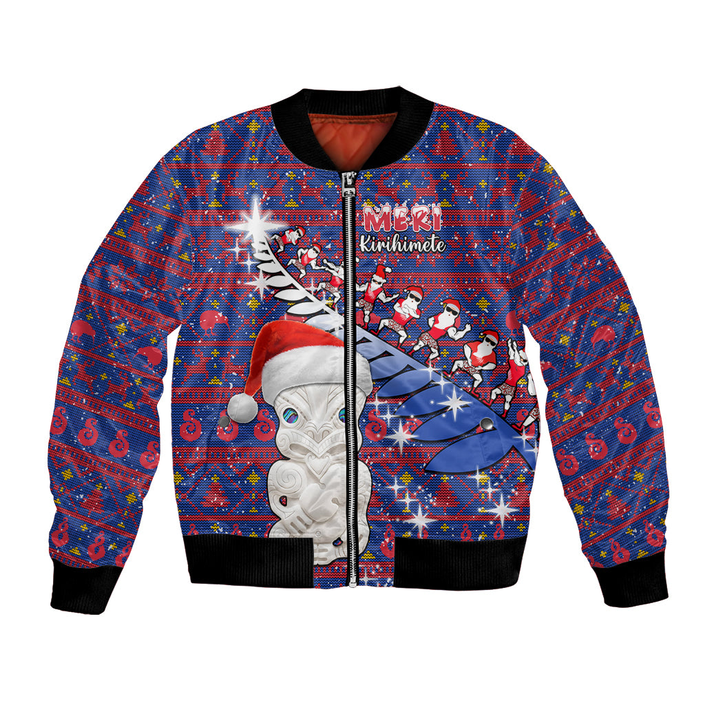 Personalized New Zealand Christmas Bomber Jacket Haka Fern Santa Tiki Meri Kirihimete LT05 Unisex Blue - Polynesian Pride