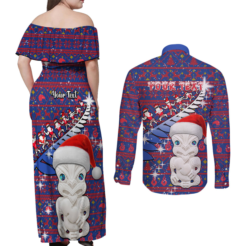 Personalized New Zealand Christmas Couples Matching Off Shoulder Maxi Dress and Long Sleeve Button Shirts Haka Fern Santa Tiki Meri Kirihimete LT05 - Polynesian Pride