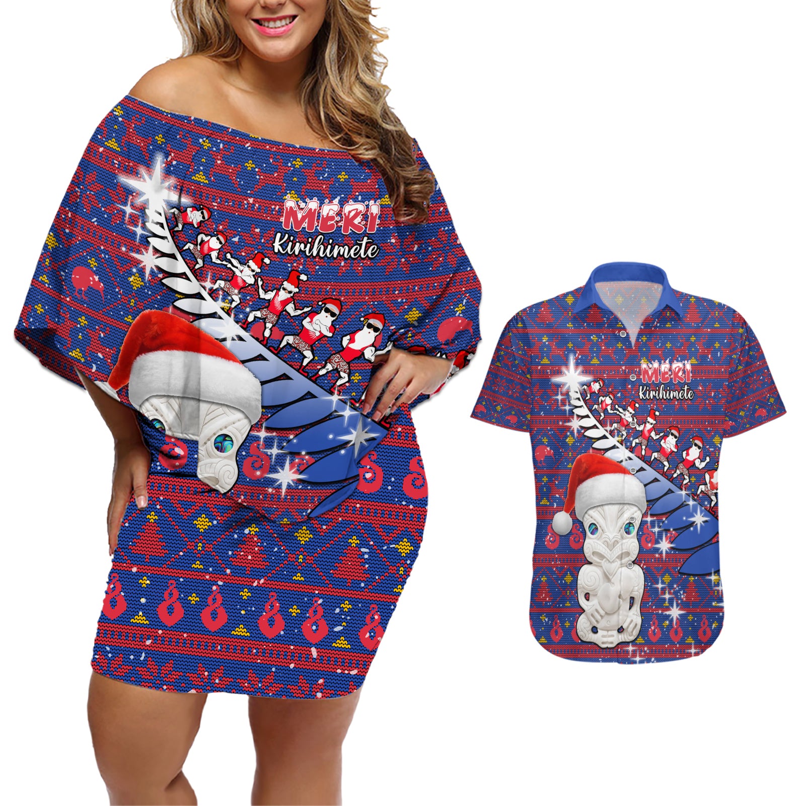 Personalized New Zealand Christmas Couples Matching Off Shoulder Short Dress and Hawaiian Shirt Haka Fern Santa Tiki Meri Kirihimete LT05 Blue - Polynesian Pride