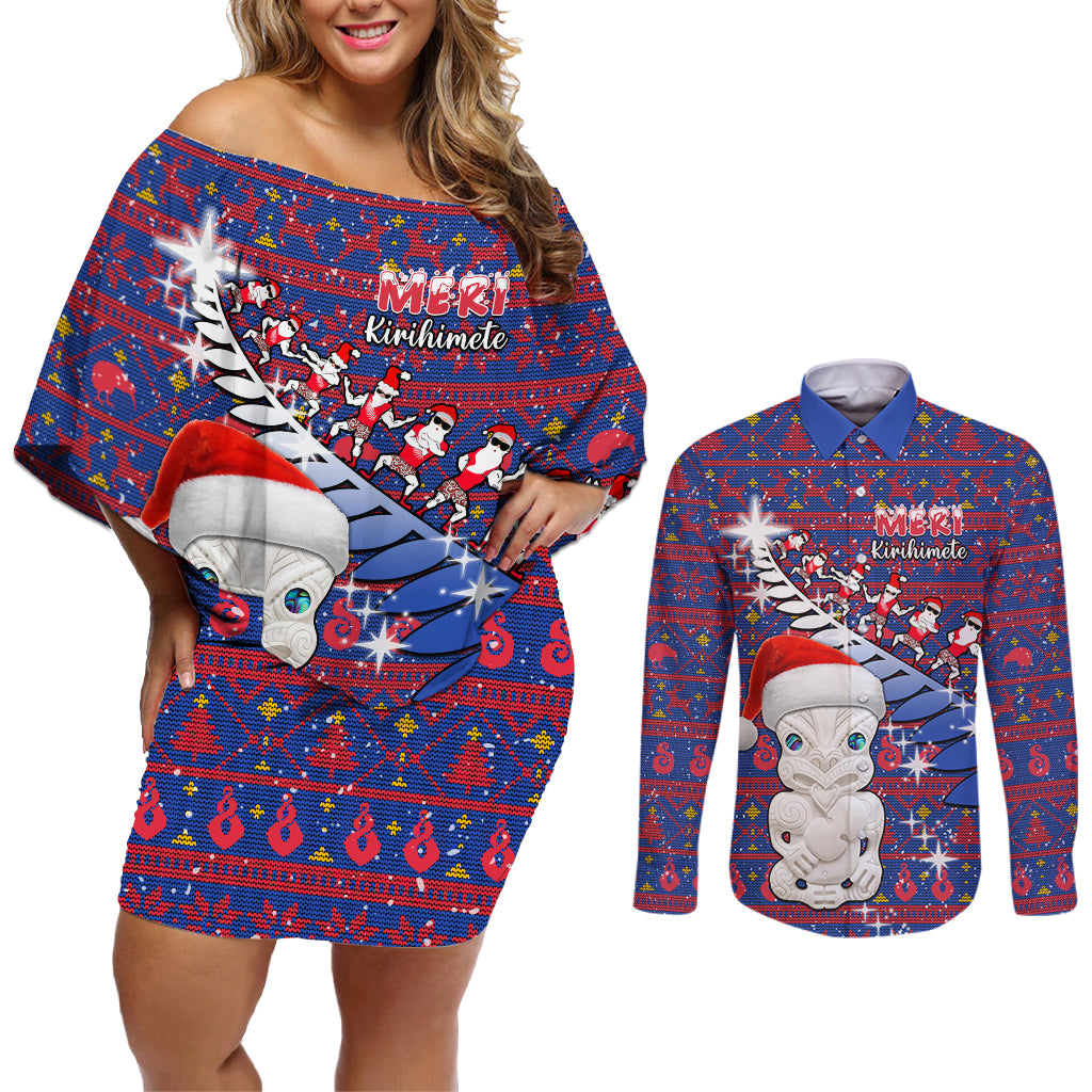 Personalized New Zealand Christmas Couples Matching Off Shoulder Short Dress and Long Sleeve Button Shirts Haka Fern Santa Tiki Meri Kirihimete LT05 Blue - Polynesian Pride