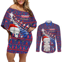 Personalized New Zealand Christmas Couples Matching Off Shoulder Short Dress and Long Sleeve Button Shirts Haka Fern Santa Tiki Meri Kirihimete LT05 Blue - Polynesian Pride