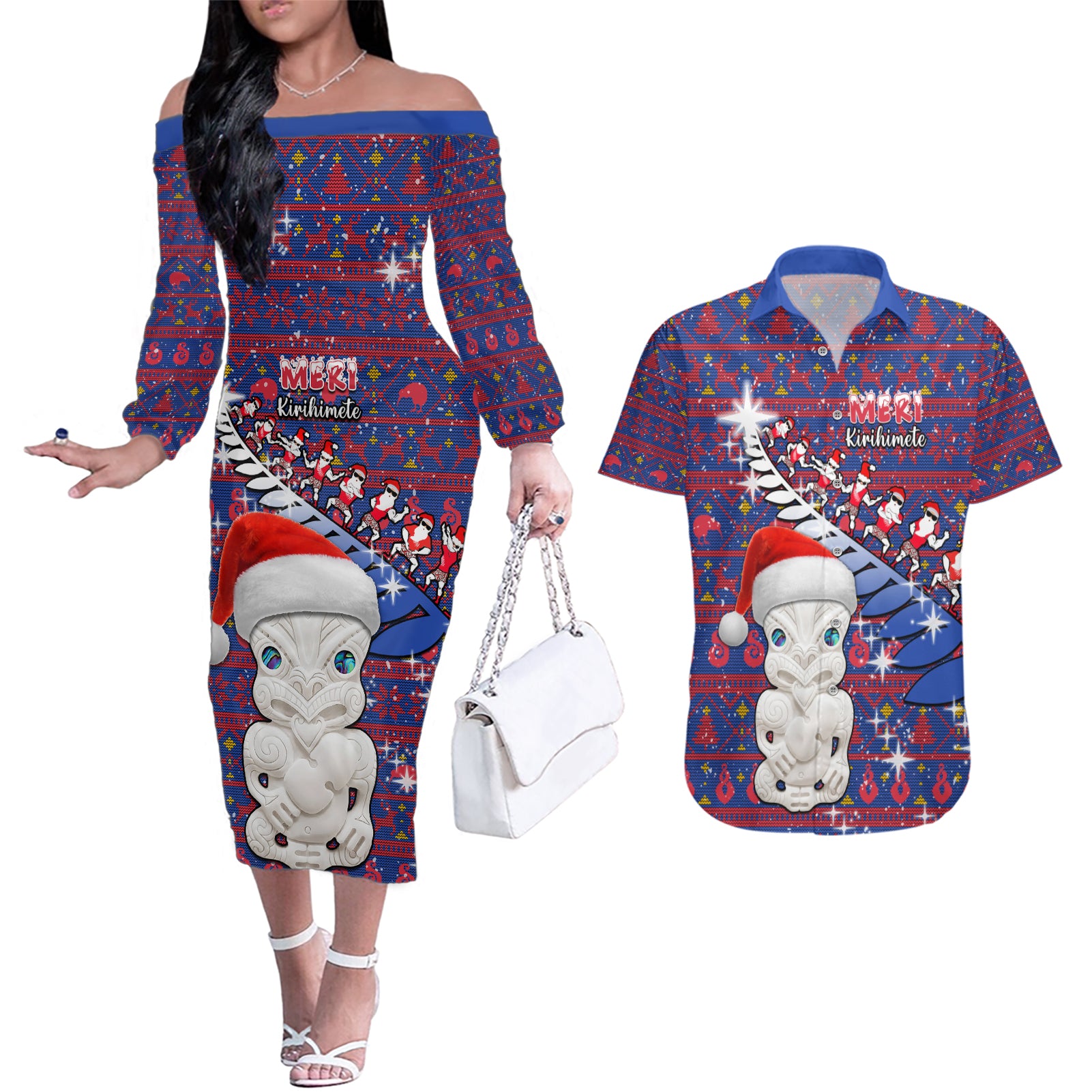 Personalized New Zealand Christmas Couples Matching Off The Shoulder Long Sleeve Dress and Hawaiian Shirt Haka Fern Santa Tiki Meri Kirihimete LT05 Blue - Polynesian Pride