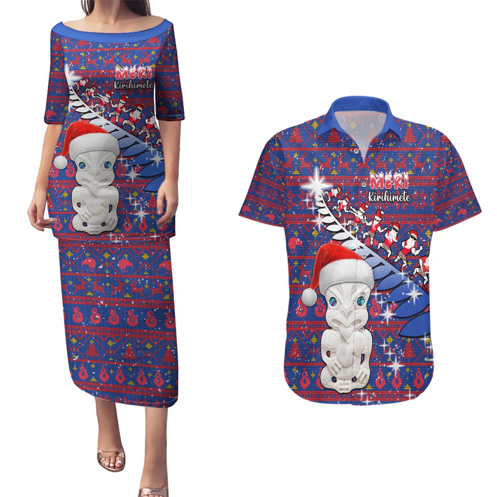 Personalized New Zealand Christmas Couples Matching Puletasi Dress and Hawaiian Shirt Haka Fern Santa Tiki Meri Kirihimete LT05 Blue - Polynesian Pride