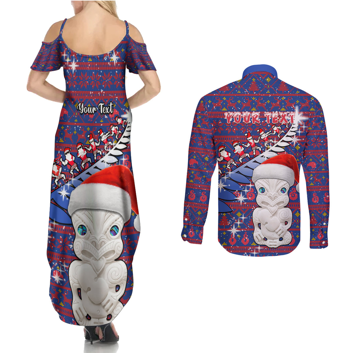 Personalized New Zealand Christmas Couples Matching Summer Maxi Dress and Long Sleeve Button Shirts Haka Fern Santa Tiki Meri Kirihimete LT05 - Polynesian Pride