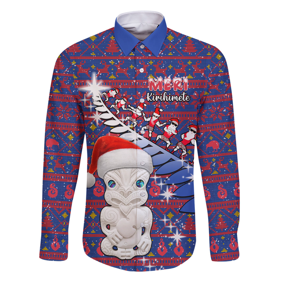 Personalized New Zealand Christmas Family Matching Off Shoulder Short Dress and Hawaiian Shirt Haka Fern Santa Tiki Meri Kirihimete LT05 Dad's Shirt - Long Sleeve Blue - Polynesian Pride