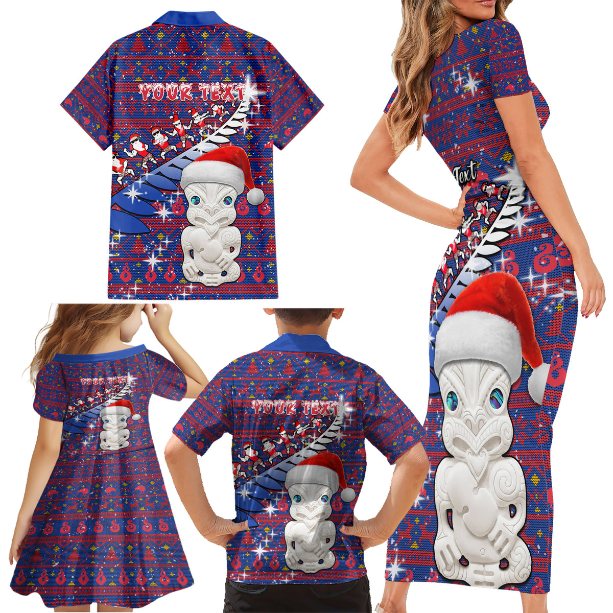 Personalized New Zealand Christmas Family Matching Short Sleeve Bodycon Dress and Hawaiian Shirt Haka Fern Santa Tiki Meri Kirihimete LT05 - Polynesian Pride