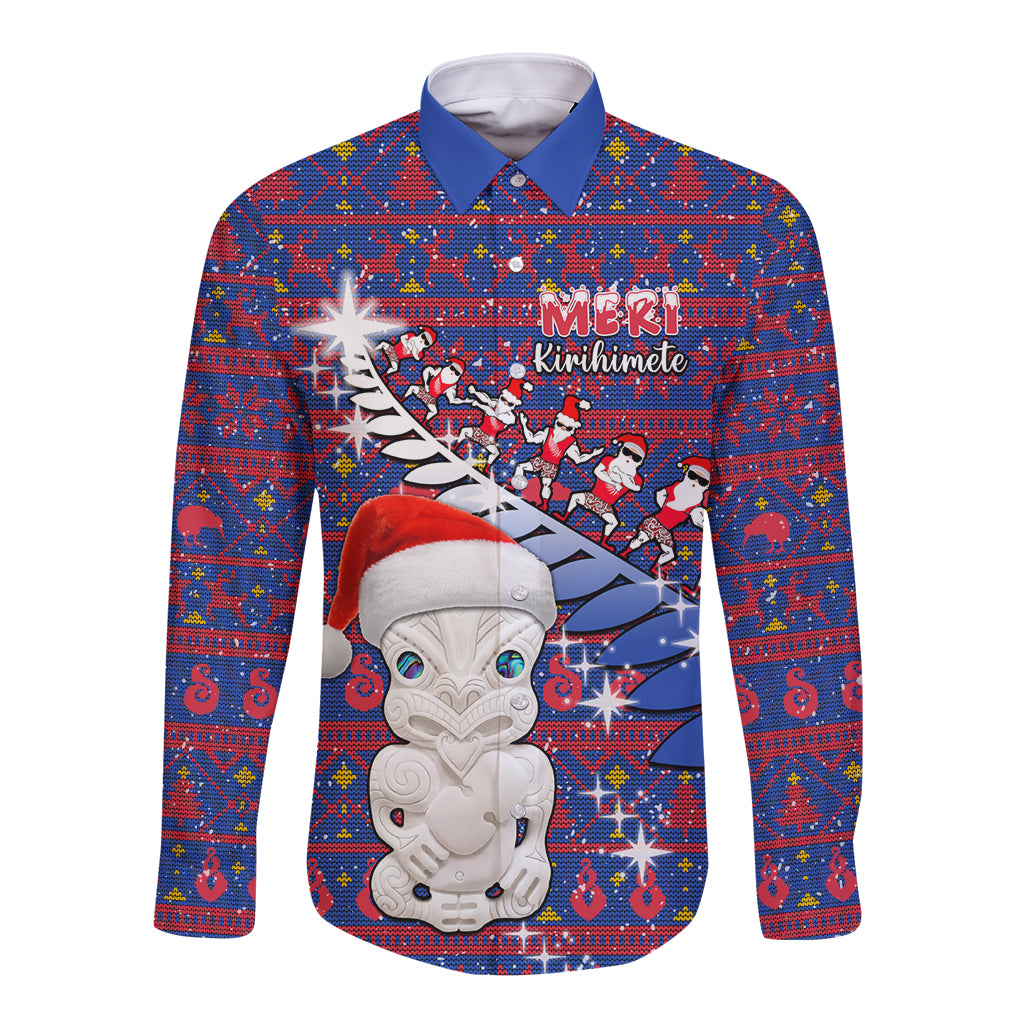 Personalized New Zealand Christmas Long Sleeve Button Shirt Haka Fern Santa Tiki Meri Kirihimete LT05 Unisex Blue - Polynesian Pride