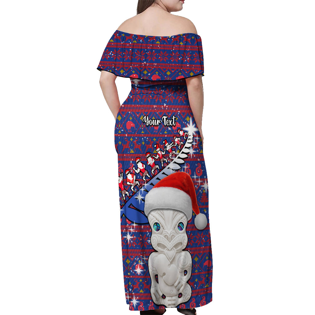 Personalized New Zealand Christmas Off Shoulder Maxi Dress Haka Fern Santa Tiki Meri Kirihimete LT05 - Polynesian Pride