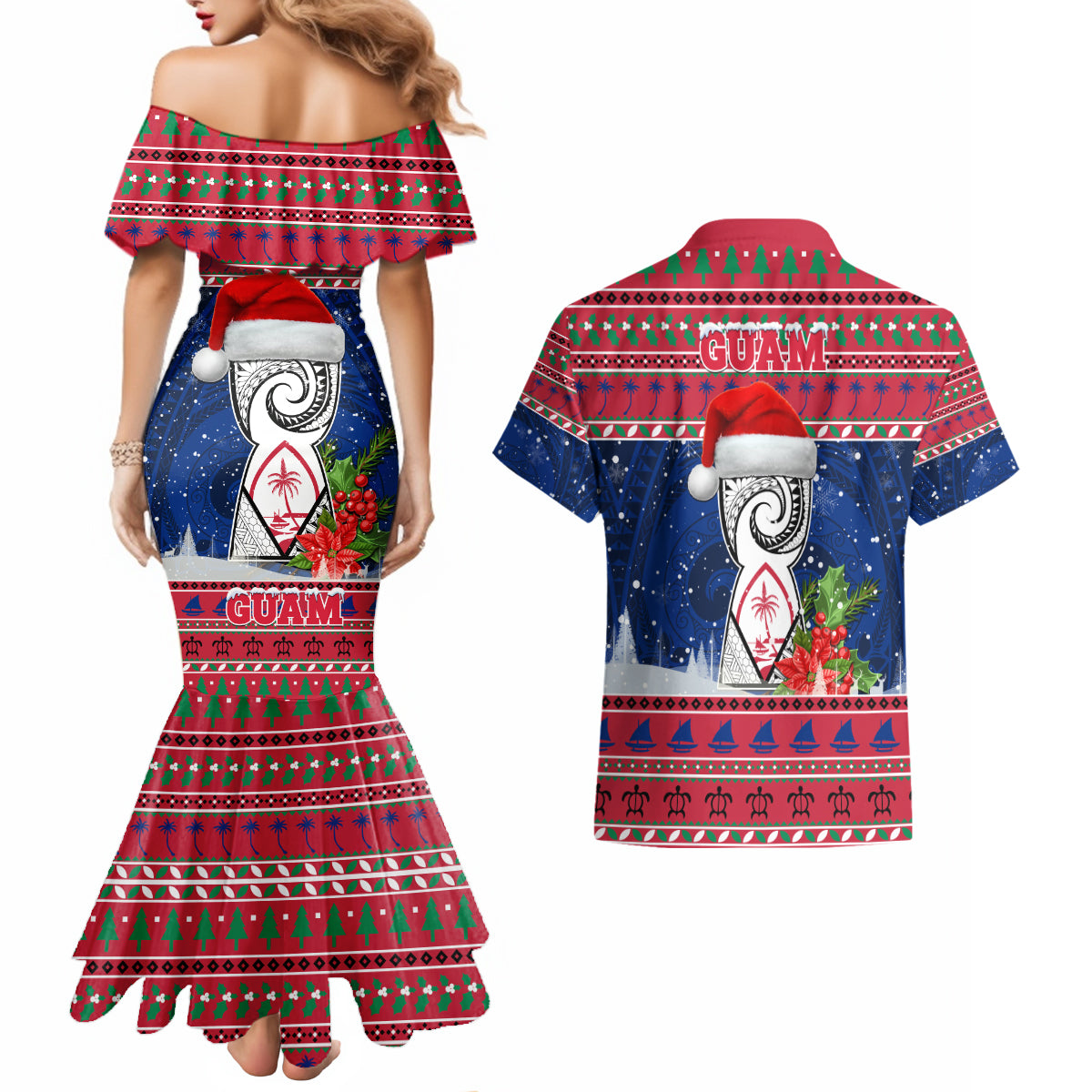Guam Christmas Couples Matching Mermaid Dress and Hawaiian Shirt Guaman Seal Poinsettia Felis Pasgua LT05 - Polynesian Pride