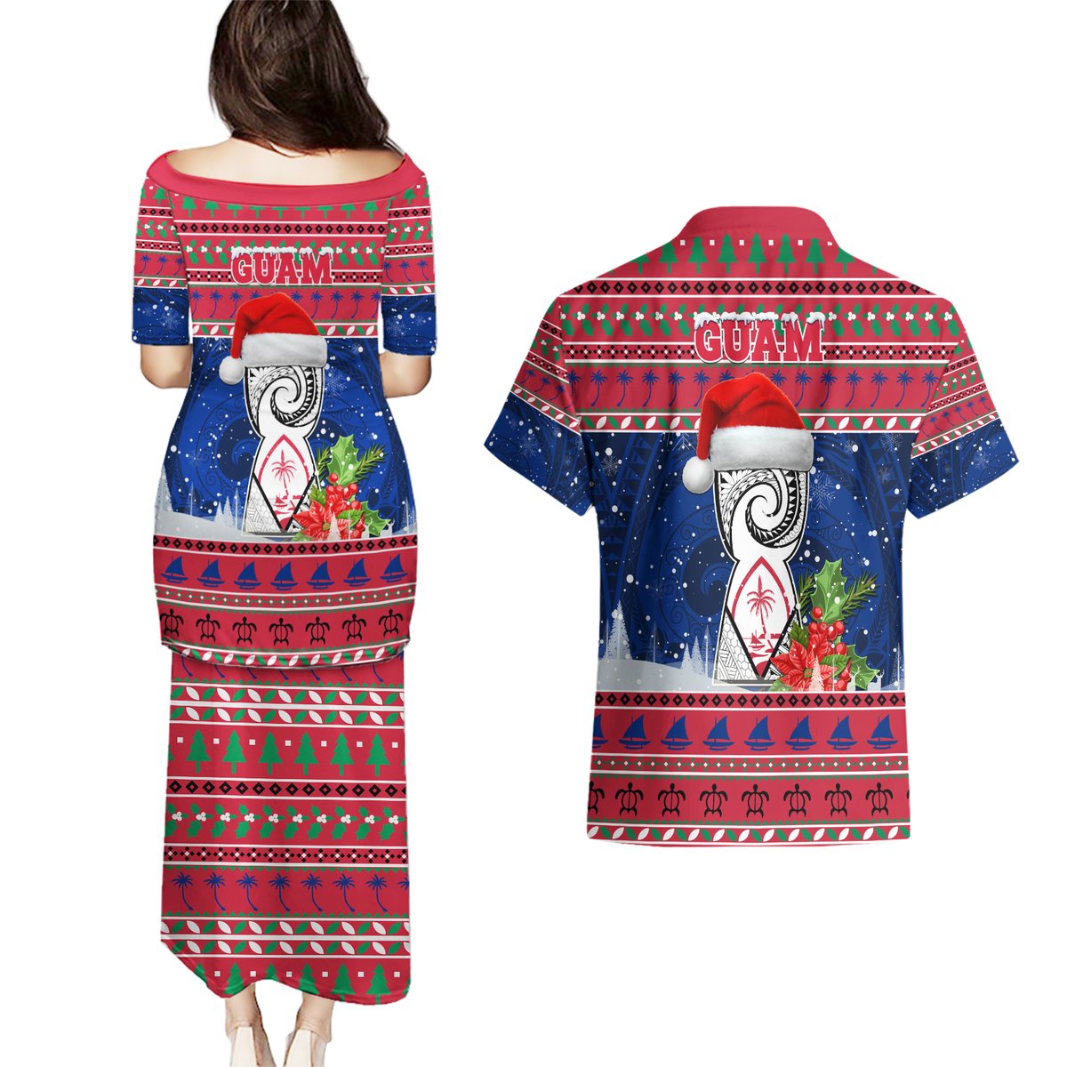 Guam Christmas Couples Matching Puletasi Dress and Hawaiian Shirt Guaman Seal Poinsettia Felis Pasgua LT05 - Polynesian Pride