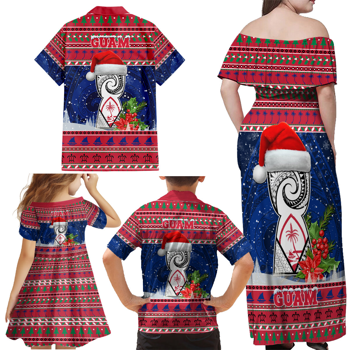 Guam Christmas Family Matching Off Shoulder Maxi Dress and Hawaiian Shirt Guaman Seal Poinsettia Felis Pasgua LT05 - Polynesian Pride