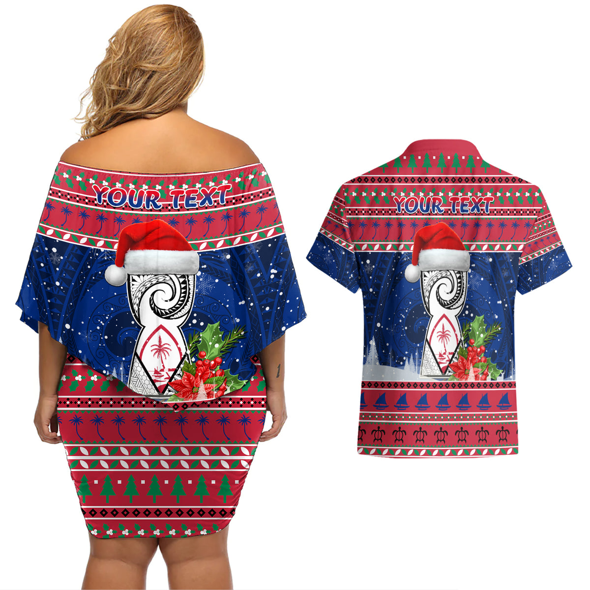 Personalized Guam Christmas Couples Matching Off Shoulder Short Dress and Hawaiian Shirt Guaman Seal Poinsettia Felis Pasgua LT05 - Polynesian Pride