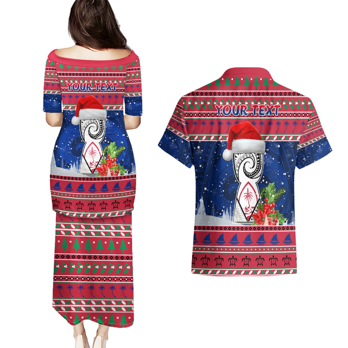 Personalized Guam Christmas Couples Matching Puletasi Dress and Hawaiian Shirt Guaman Seal Poinsettia Felis Pasgua LT05 - Polynesian Pride