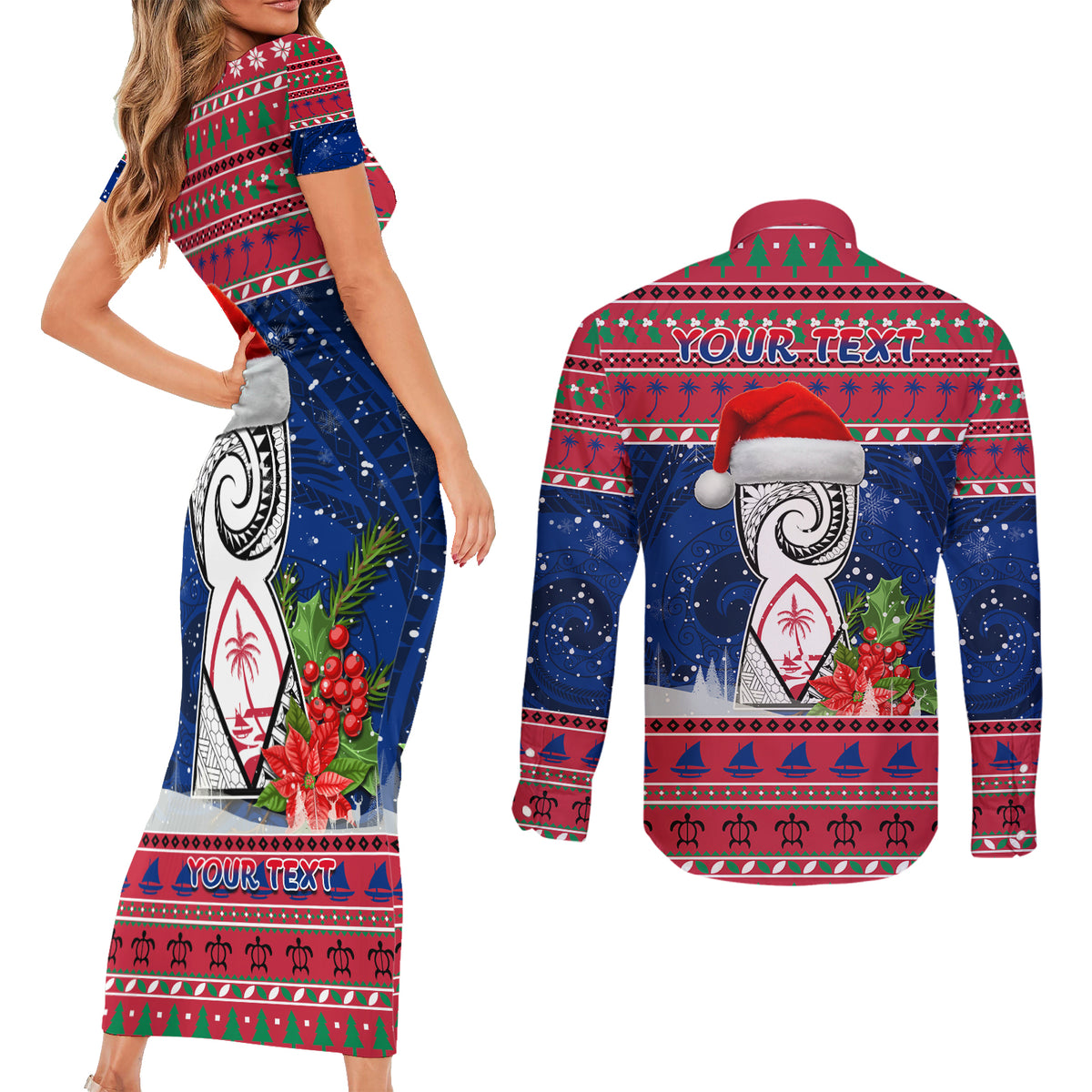 Personalized Guam Christmas Couples Matching Short Sleeve Bodycon Dress and Long Sleeve Button Shirts Guaman Seal Poinsettia Felis Pasgua LT05 - Polynesian Pride